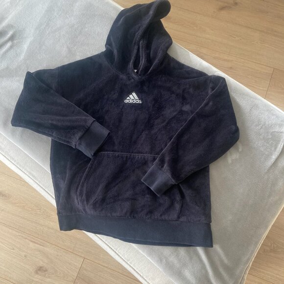 adidas Other - Like NEW! Adidas Plush Velour Black Sweatshirt with White Logo Cozy Sz Youth L